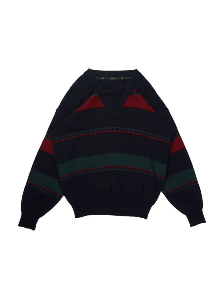 Vintage Navy V-Neck Printed Knit Sweater