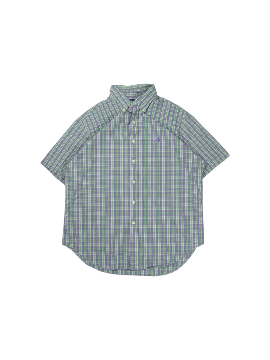 Vintage Ralph Lauren Groen Paars Kort Mouw Overhemd