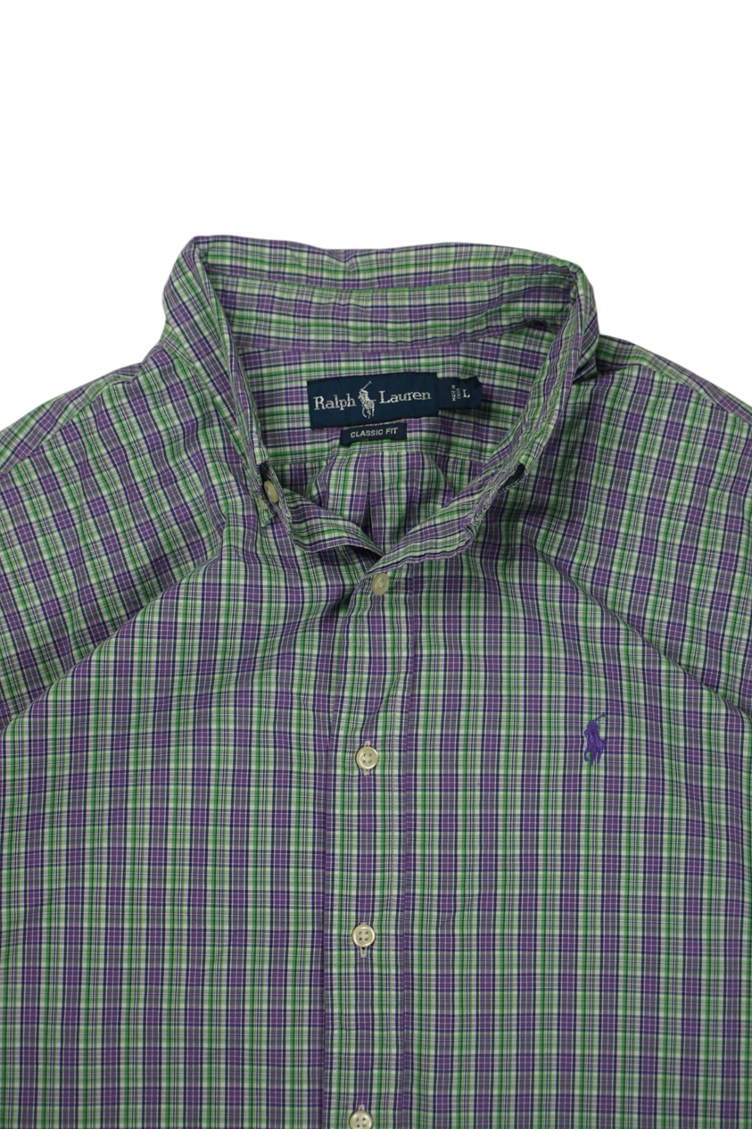 Vintage Ralph Lauren Groen Paars Kort Mouw Overhemd