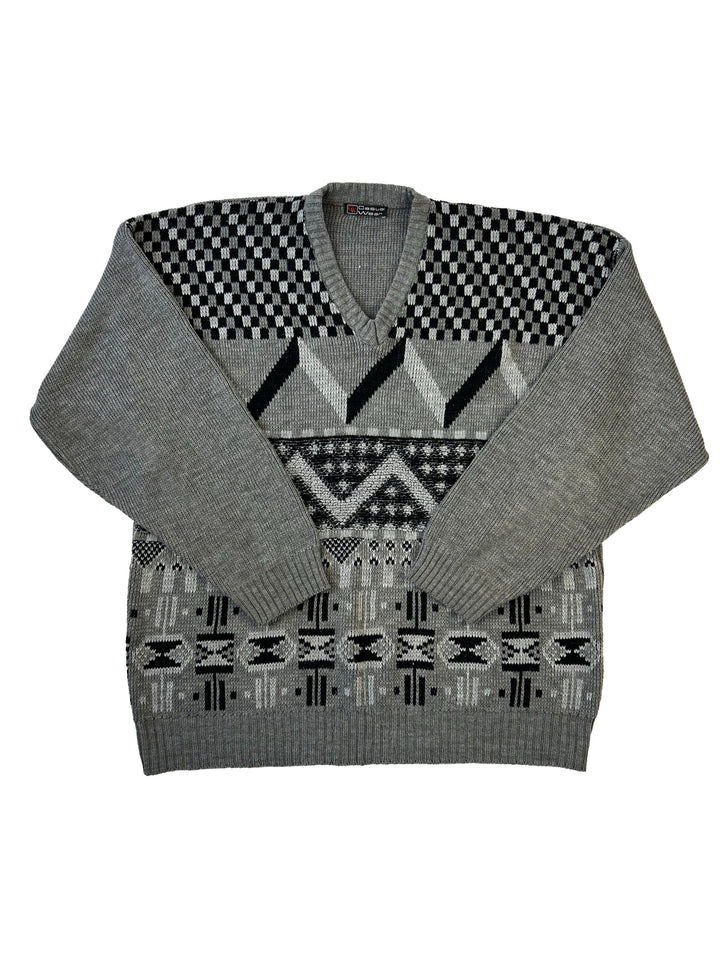 Vintage Casual Wear Grey Printed Knit Sweater