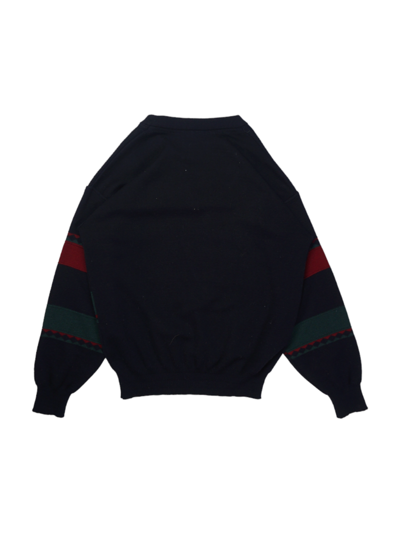 Vintage Navy V-Neck Printed Knit Sweater