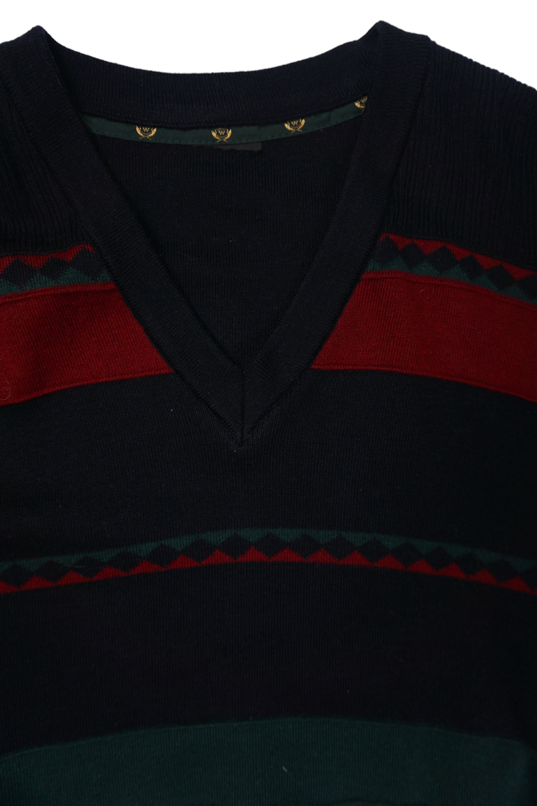Vintage Navy V-Neck Printed Knit Sweater